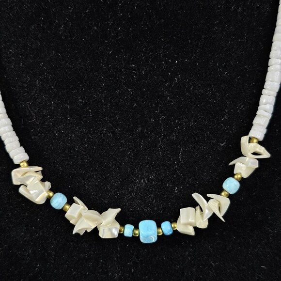 Vintage Puka Shell Necklace 16 Inches With Blue Stones - Picture 1 of 9